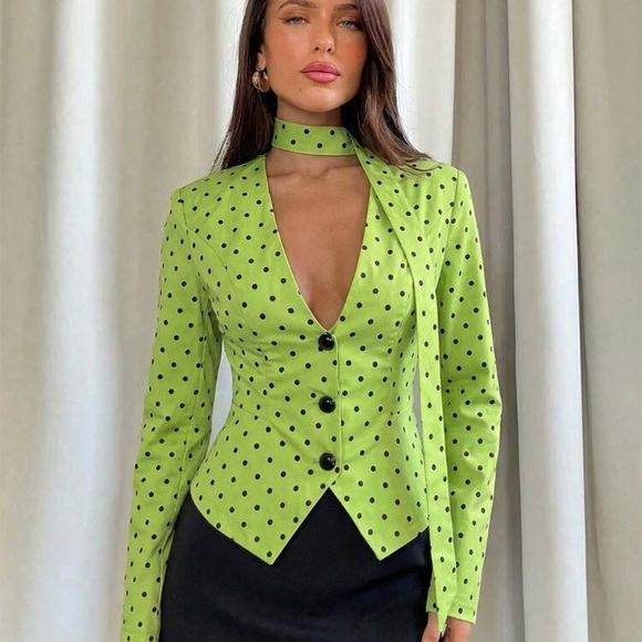 Very Chic Women's Elegant Polka Dot Print Deep V-Neck Fitted Blazer. Size L 8/10 - Picture 3 of 8